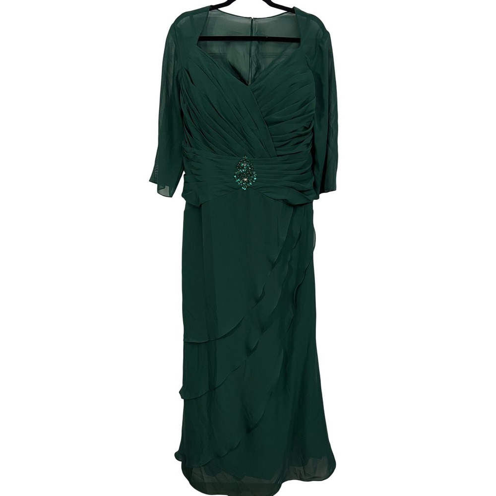 DressFirst Chiffon Evening Gown 18W Formal Ruched Tiered Dark Green Beaded